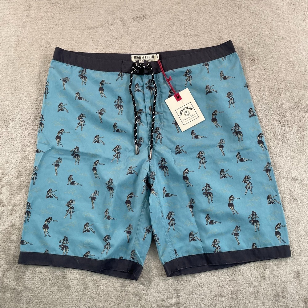 Iron & Resin Board Shorts Men 34x9 Sea‎ Blue Hula Girls Hawaiian Beach NWOT $75